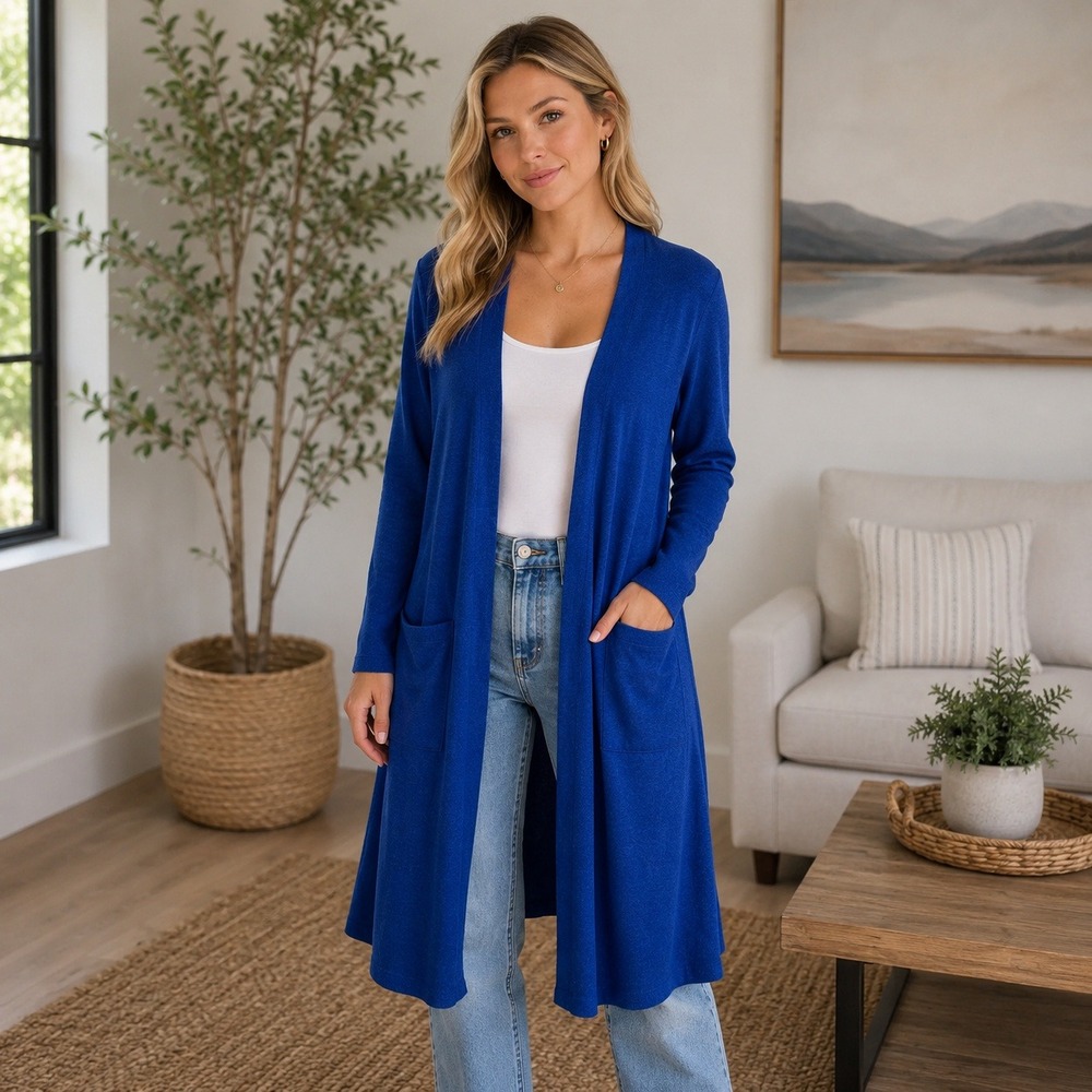 LuLaRoe Sarah Royal Blue Open Front Duster Cardigan Sweater Pockets‎  M